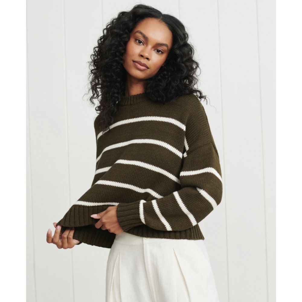 Jenni Kayne Chloe Crewneck Sweater L Olive Green White Stripe Cotton Pullover